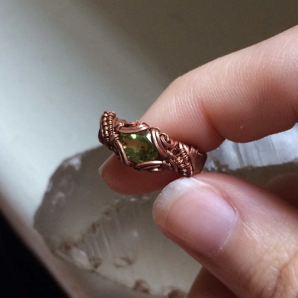 Copper/peridot wire wrap ring